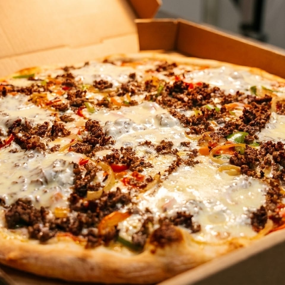 A freshly baked pizza with ground beef, melted cheese, and colorful vegetables in a cardboard box.