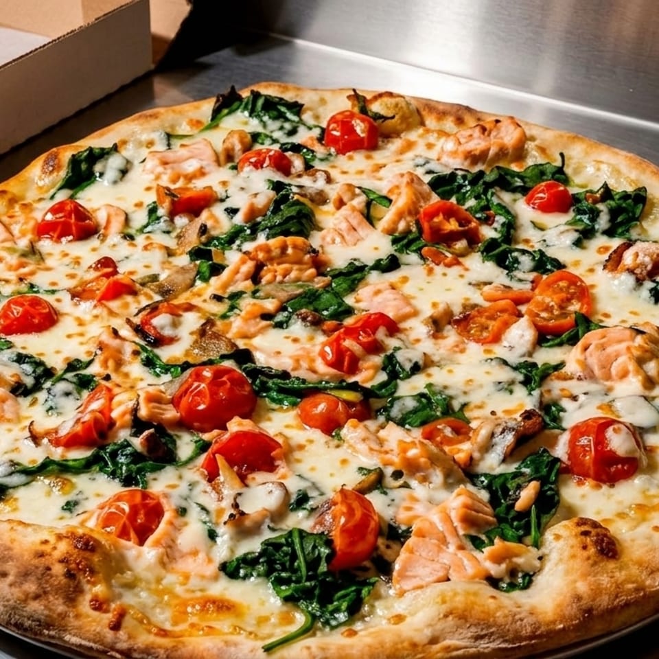 A freshly baked pizza with salmon, spinach, cherry tomatoes, and melted cheese on a metal surface.