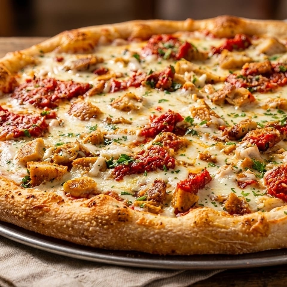 Close-up of a chicken and sun-dried tomato pizza on a metal pan, on a rustic wooden table.