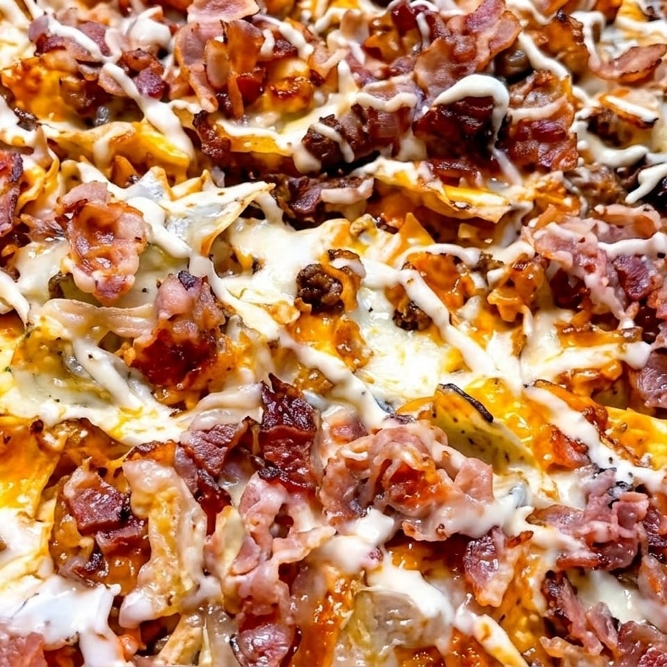 Close-up of loaded nachos with melted cheese, bacon, and pulled pork on a metal tray.