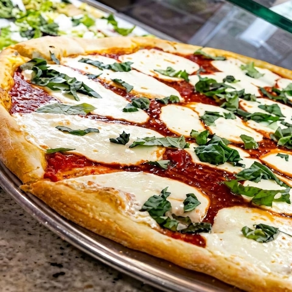 Freshly baked Margherita pizza with mozzarella, tomato sauce, and basil, alongside other buffet dishes.