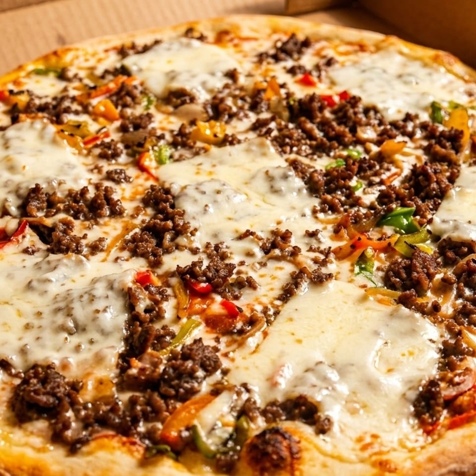 A whole pizza with ground meat, melted cheese, and colorful bell peppers in a cardboard box.