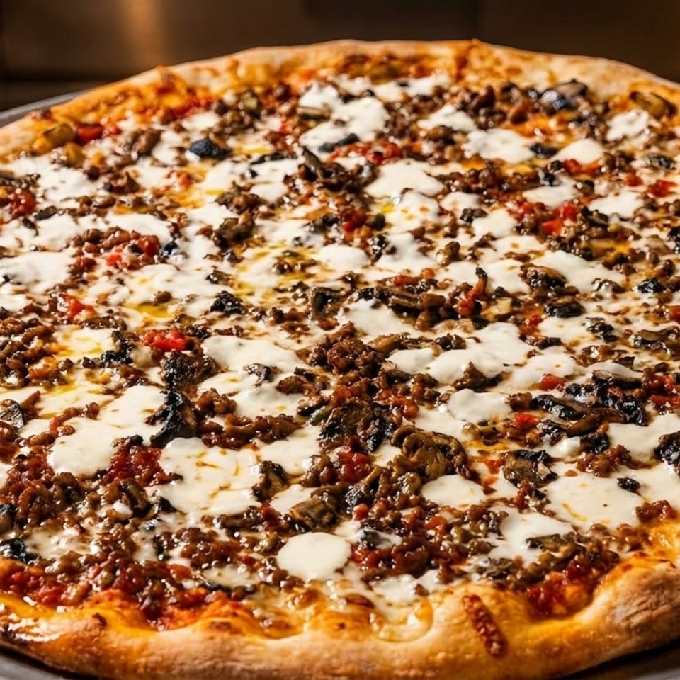 A whole pizza with crumbled sausage, mushrooms, and dollops of melted mozzarella cheese on a metal pan.